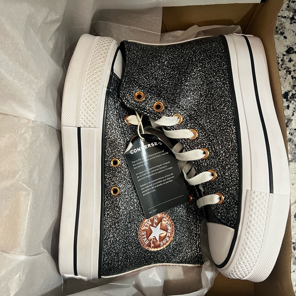Women’s Size 6 Black Glitter Converse High Tops Shoes Sneakers New